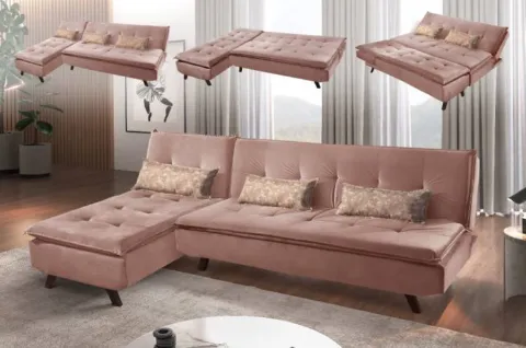 Sofa Cama Milano 3Lgs com Chaise Jolie Rose 2267A Luxury