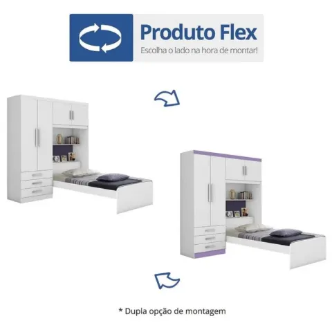 Roupeiro Cama Solteiro Cancun 4P3G Branco.Lilas Flex J&A Moveis