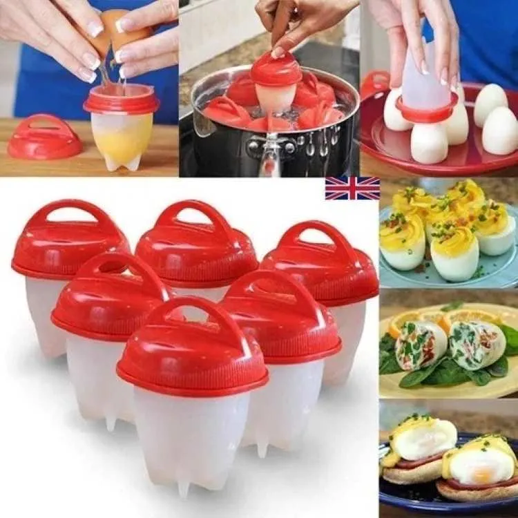 Kit 6 Formas para Cozinhar Ovos Silicone.Plastico Clink — Branco/Vermelho