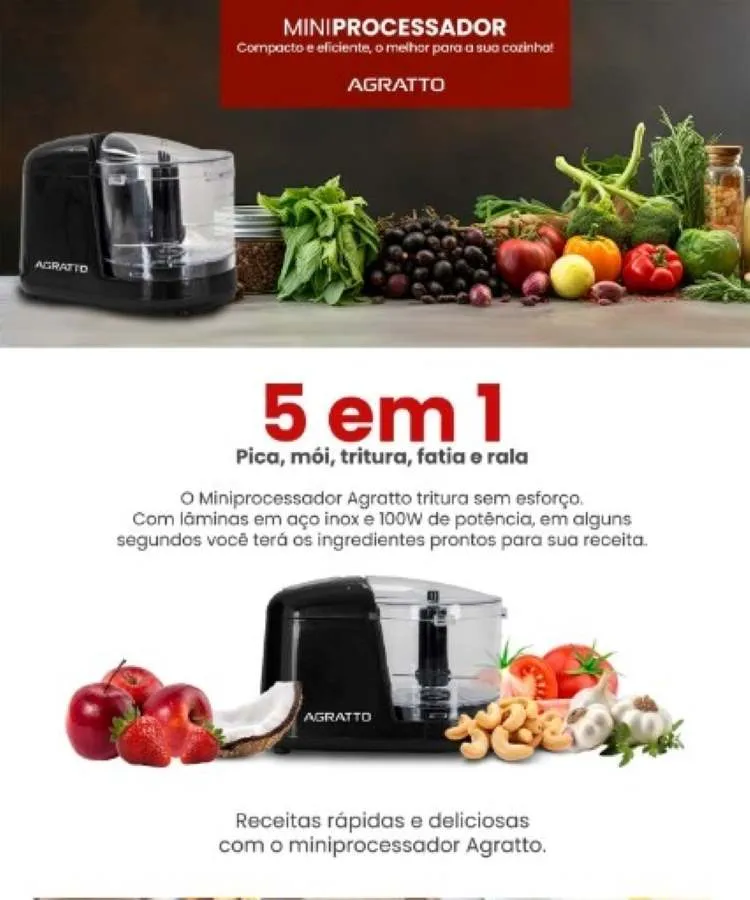 Miniprocessador AMPRO1I.01 350w 100w 127V Preto Agratto — Miniprocessador - Preto