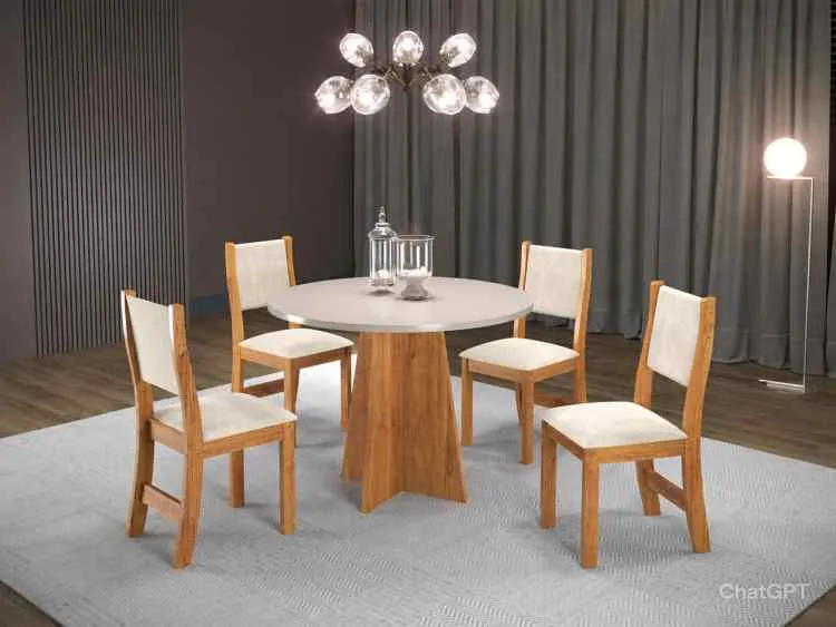 Sala Flipp.Slin 90x90 Mel.Blonde com 4 Cadeiras Sol Mel Blonde Veludo Marfim Viero — Mel Blonde - Linho Amendoa