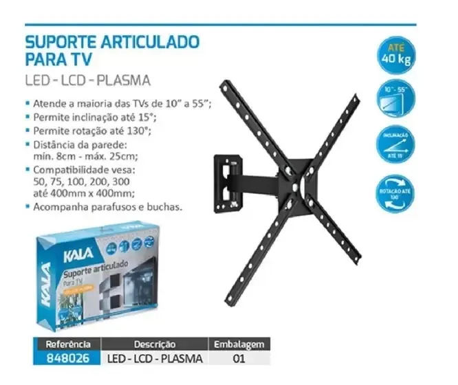 Suporte ArticuladoTV LED 10 a 55 Polegadas Kala — Preto
