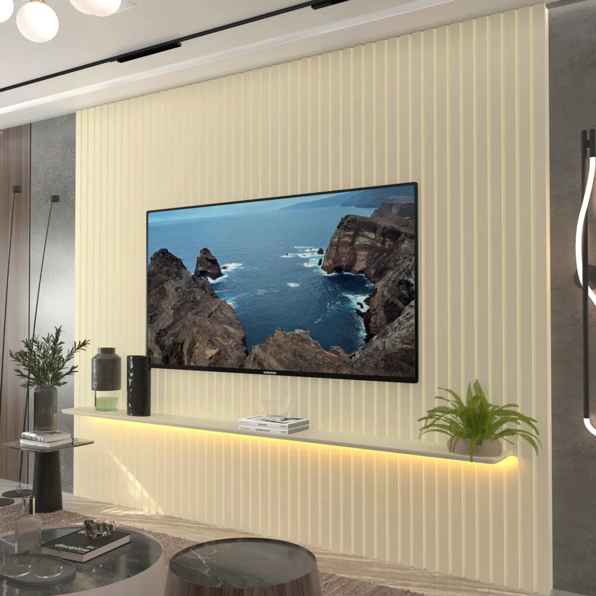 Painel Nobre Ripado 230 1Prateleira com LED Naturale Gelius — Painel Nobre Ripado 230 - Off White