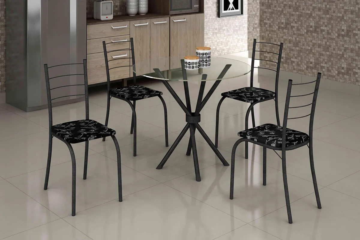 Conjunto Mesa Rio 75x75 Martelado Tmp Vidro Redondo com 4 Cds Martelado.Lirio Preto Teixeira — Mesa Rio Tmp Vidro - Martelado/Preto