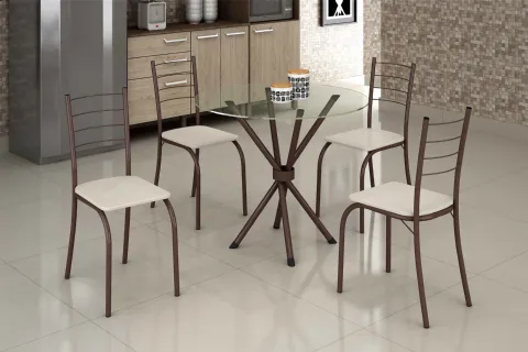 Conjunto Mesa Rio 75x75 Marrom Tmp Vidro Redondo com 4 Cds Marrom.Creme Teixeira