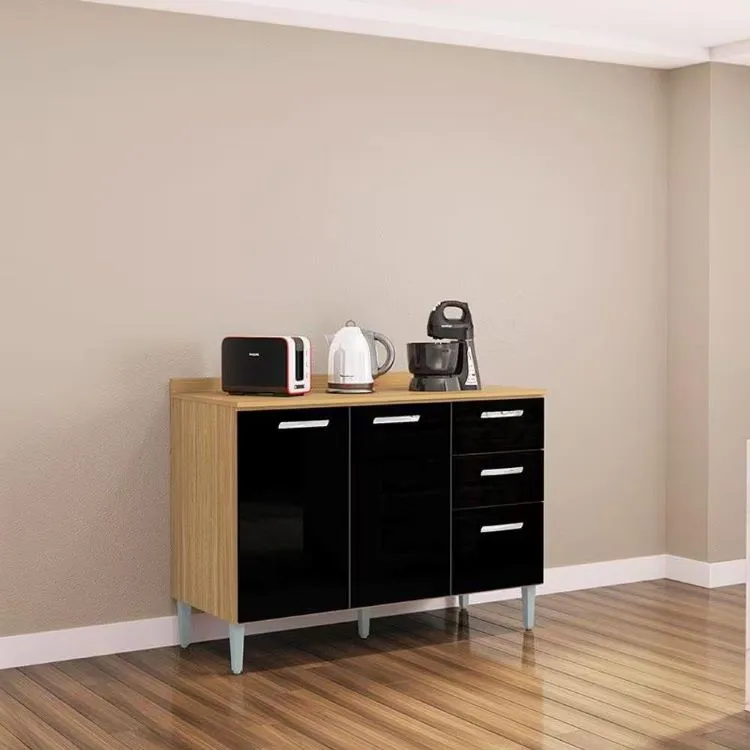 Balcao 3P2G 120 com Tampo Cinamomo.Off White Poquema — Balcão 3P2G 120 com Tampo - Damasco/Preto
