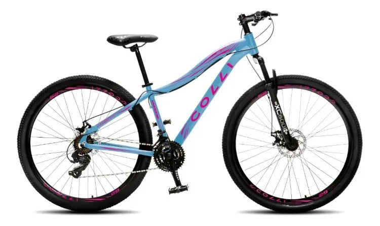 Bicicleta Colli Saphira Aluminio Aro 29 Freio a Disco Cambio Tras Shimano 21V Preto Fosco.Vermelho Cod 552 81D EM Colli — Bicicleta Saphira - Azul Champanhe/Rosa
