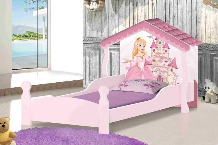 Comoda Lara Princesa 3G1N Branco.Rosa J&A Moveis — Cama Solteiro Casa Princesa - Branco/Rosa