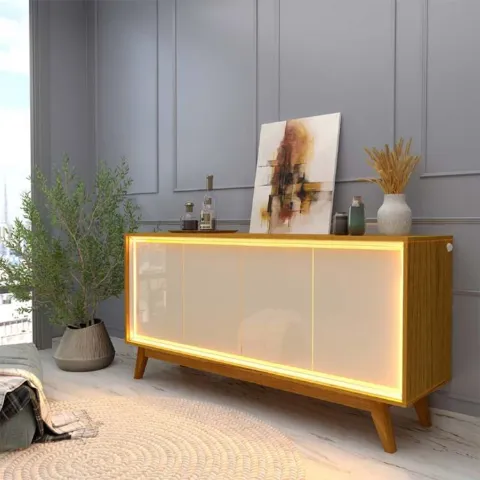 Buffet Requinte 160 4P com Pes de Madeira e Neon Naturale.Off White Gelius