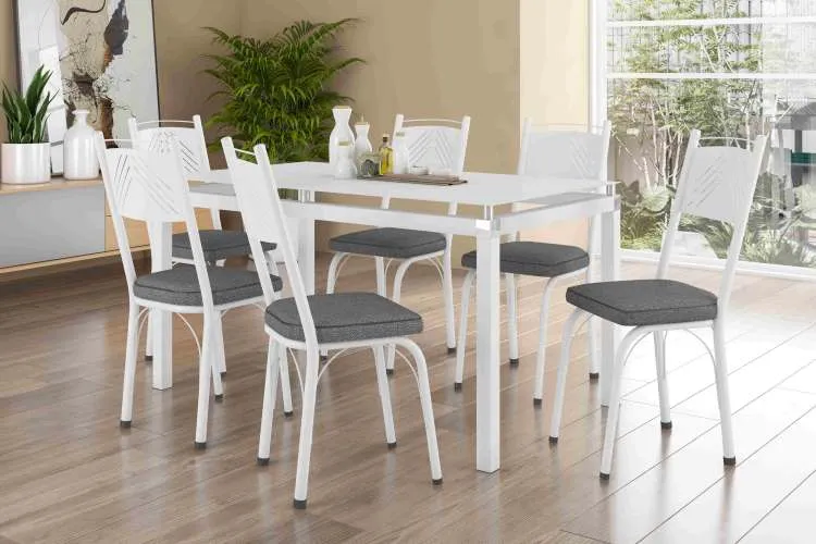 Mesa Malva Tmp Vdr 140x80 Branco.Branco com 6Cds 151 Branco.Estofado Turquesa Artefamol — Branco/Branco - Estofado Cinza Andorinha