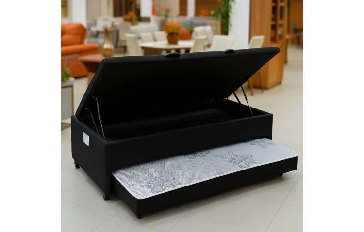 Base Bau Solteiro com Cama Auxiliar 88x188x47 Corino Preto AN SR Moveis — Colchobox Baú Solteiro com Aux - Corino Preto