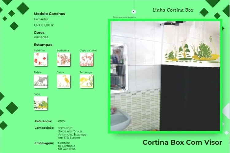 Cortina Box com Visor 140x200 Copos de Leite pena Verde — Cortina Box - Copos Leite Sortidos