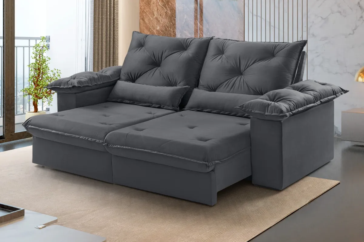Estofado Retratil Reclinavel Atlas 230 2x90 + Braco 25cm Linho Bege 01 Idealle — Estofado Atlas 230- Veludo Grafite 10