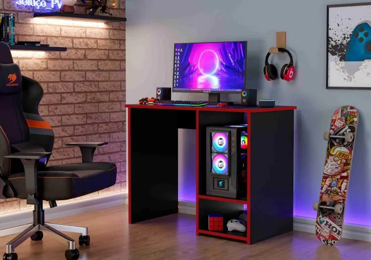 Mesa Gamer PX Preto Vermelho J&A Moveis — Preto/Vermelho