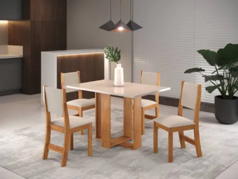 Sala Magic 120x80 Mel.Blonde com 4 Cadeiras Sol Mel.Blonde Veludo Marfim Viero