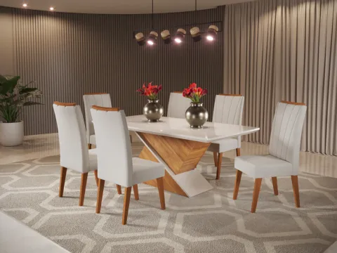 Sala Aurea 180x90 com 6 Cadeiras Safira Mel Blonde.Off White Veludo Marfim Viero