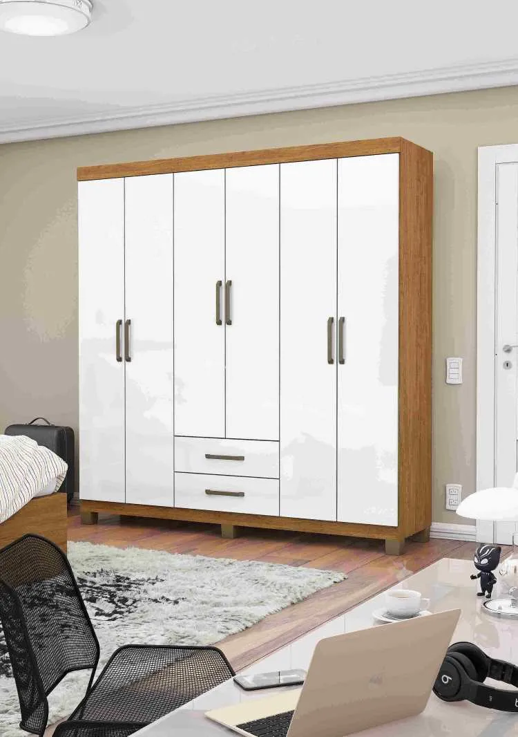 Roupeiro Aries Gold 6P2G sem Pes Branco.Branco Carioca — Cinamomo/Branco