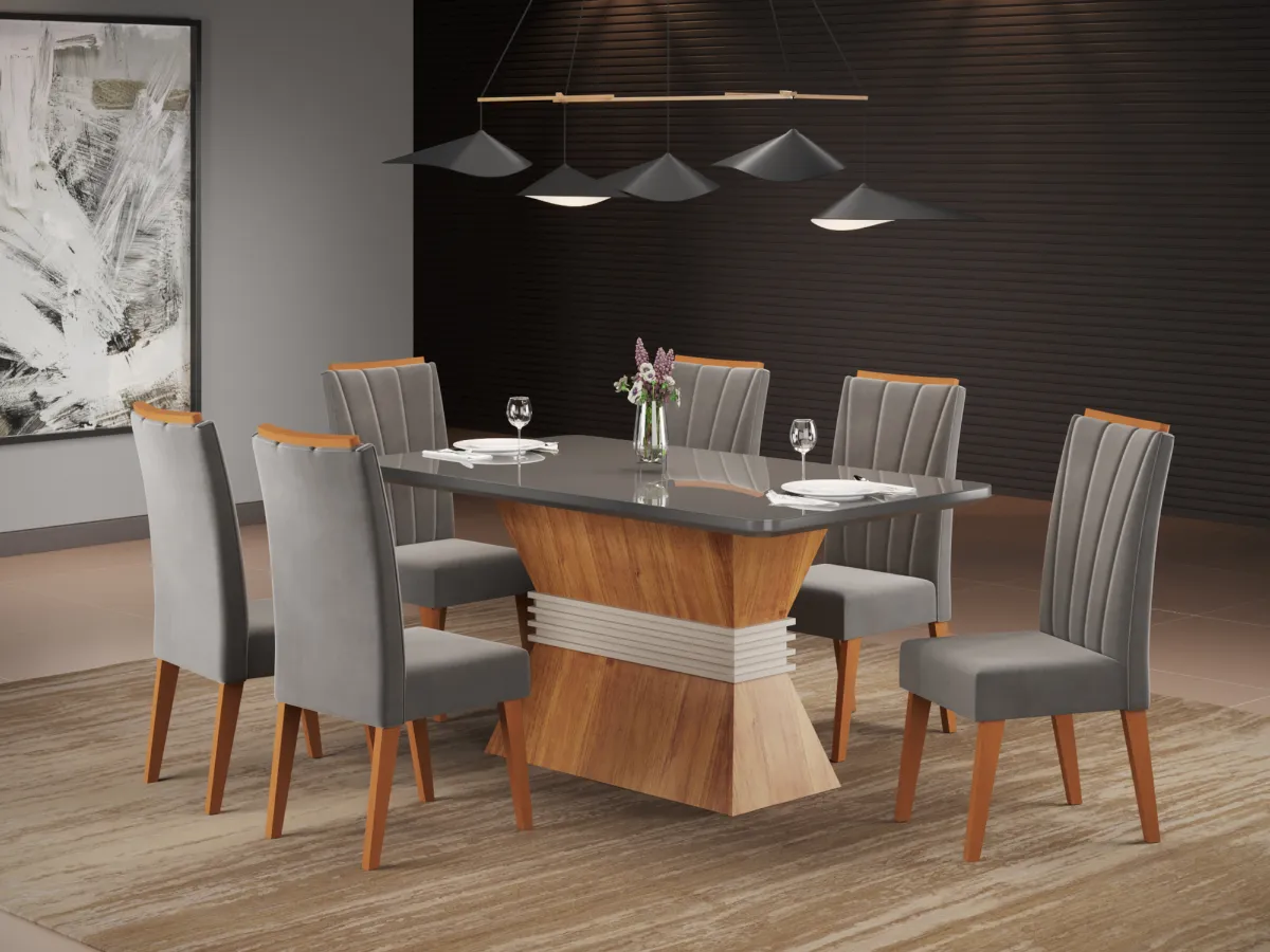 Sala Eve 180x90 com 6 Cadeiras Safira Mel Blonde.Off White Veludo Marfim Vieiro — Sala Eve 180 Mel/Gafite - Veludo Grafite