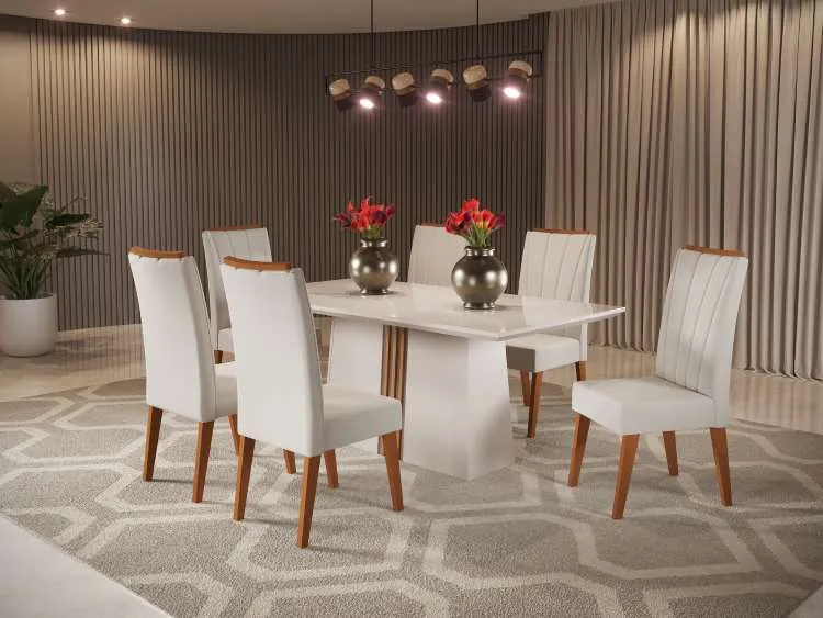 Sala Felice 170x90 com 6 Cadeiras Safira Off White.Detalhe Mel Veludo Marfim — Off White/Det Mel - Veludo Marfim