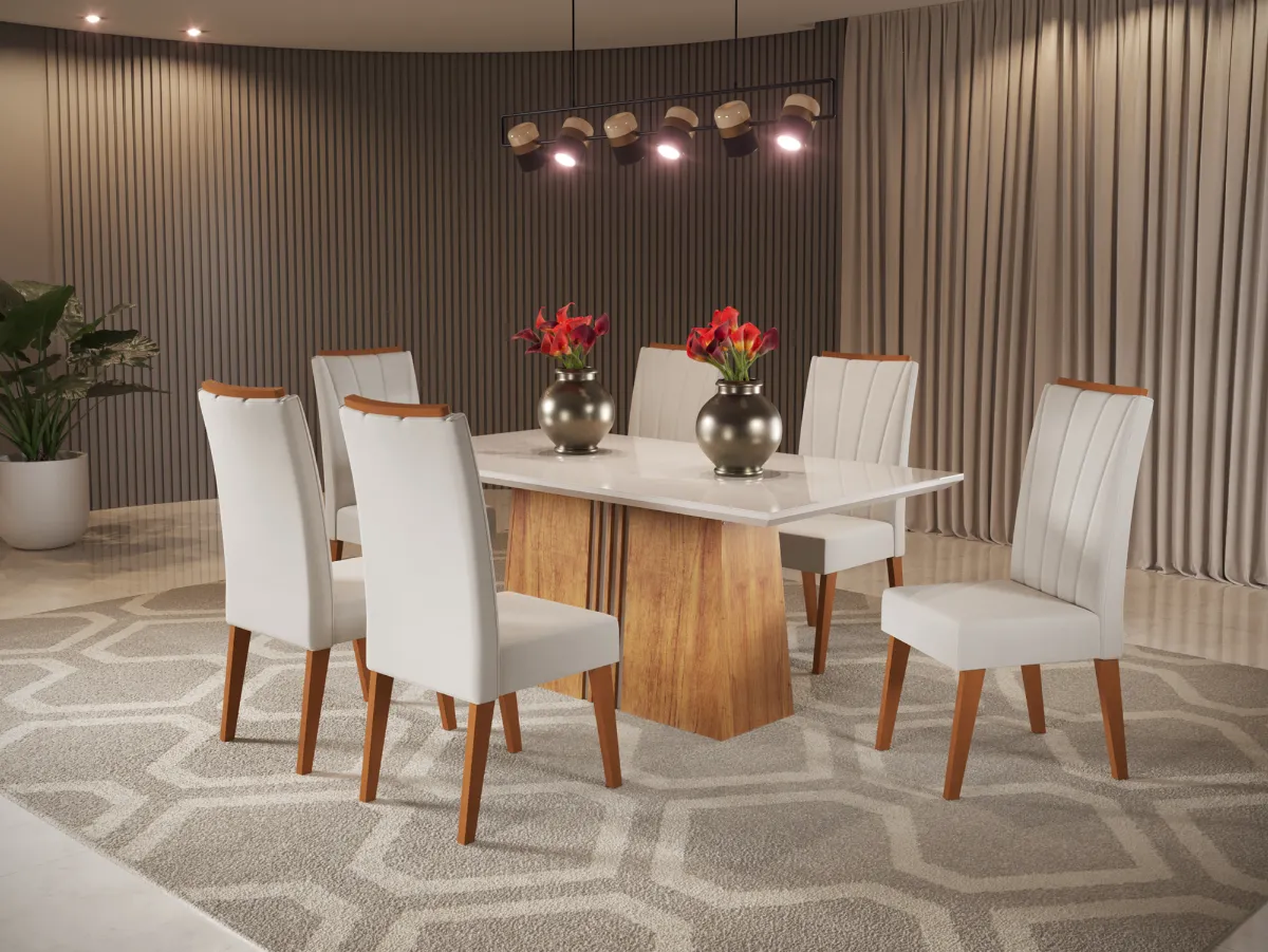 Sala Felice 170x90 com 6 Cadeiras Safira Off White.Detalhe Mel Veludo Marfim — Mel Blonde/Off White - Veludo Marfim