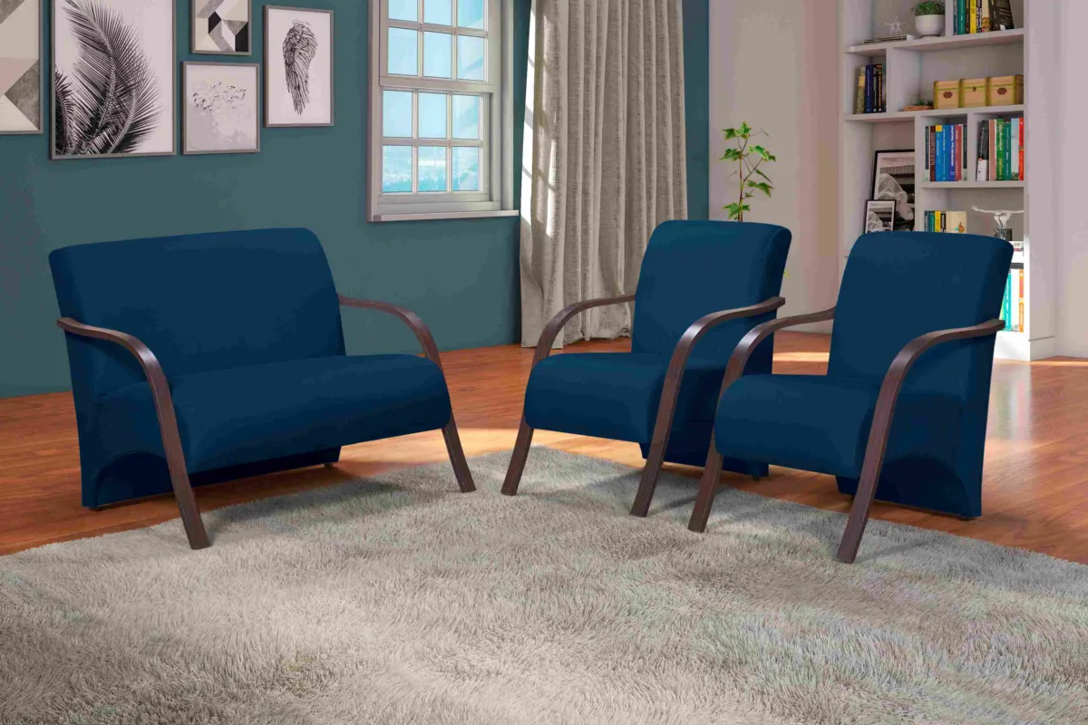 Conjunto de Poltronas Imperatriz 3Pcs 2.1.1Lgs Veludo Inca Azul Marinho 24 Bem Estar Estofados — Veludo Inca - Azul Marinho 24
