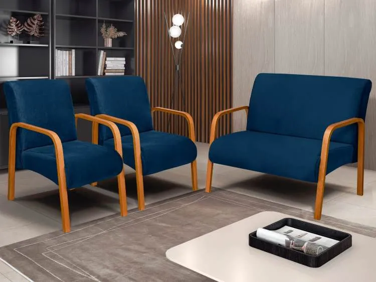 Conjunto de Poltronas Araxa 3Pcs 2.1.1Lgs Veludo Inca Azul Marinho 24 Bem Estar Esfofados — Veludo Inca - Azul Marinho 24