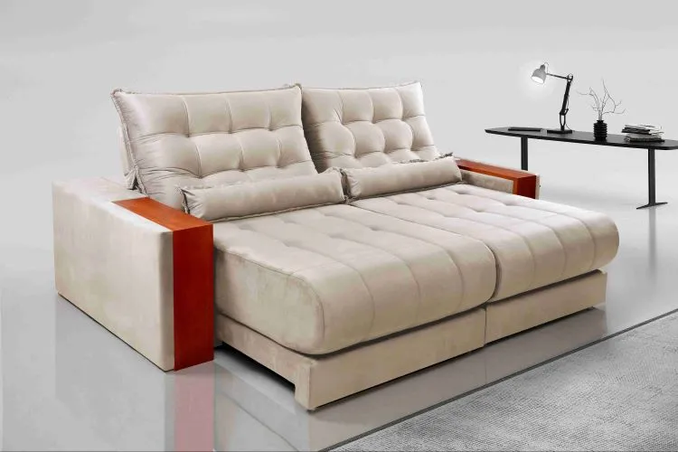 Estofado Retratil Reclinavel Genova 250 2x100 Molas Ensacadas Veludo Inca 813 Bege Escuro Evidence — Veludo Inca - Cru 818