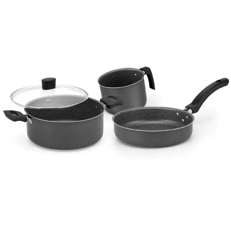 Conjunto de Panejas Enjoy 3 Pecas Antiaderente com Tampa de Vidro Cinza Alegrete — Conj 3 Panelas Antiaderente - Cinza