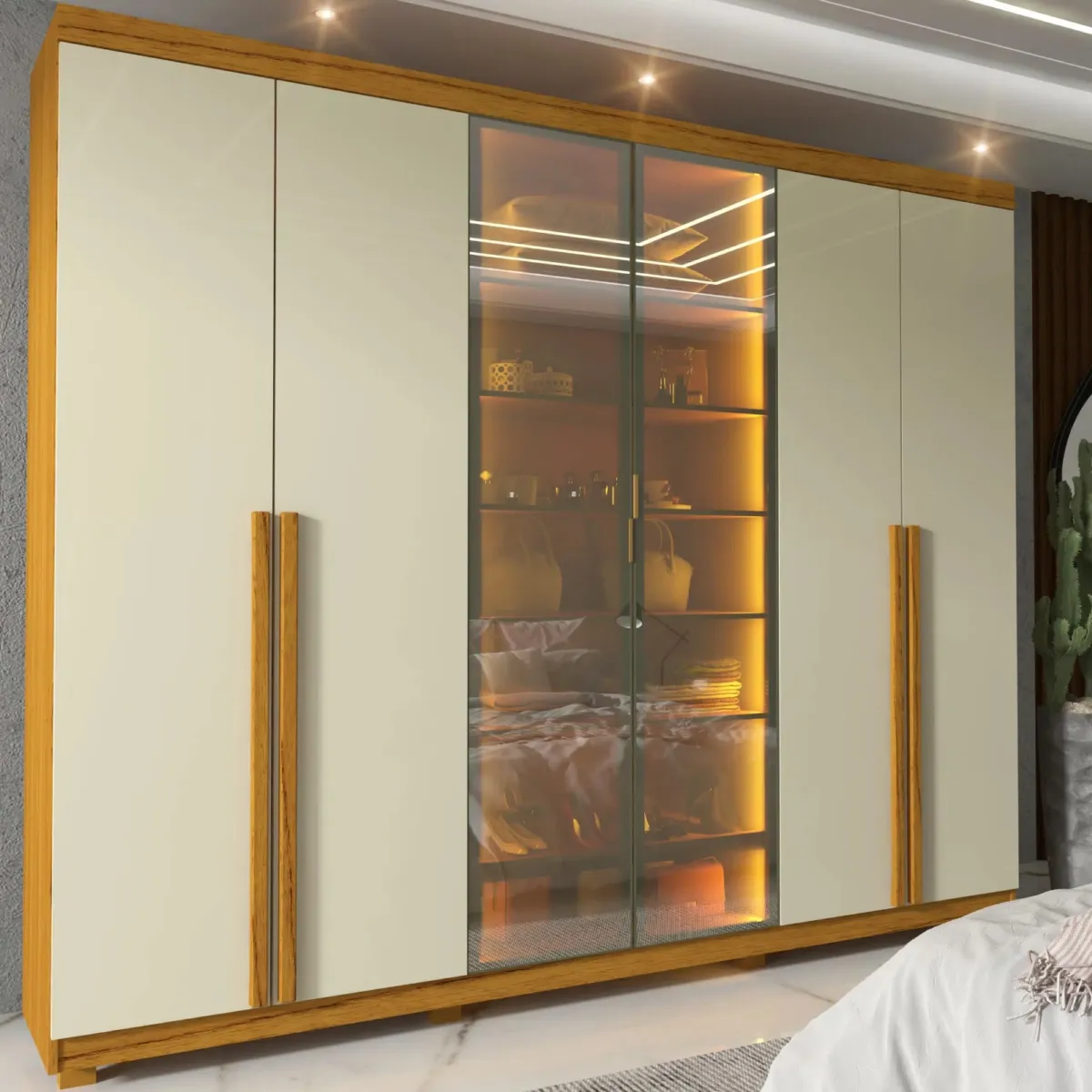 Roupeiro Imperatriz 6P sendo 2 Portas Vidro Reflecta com LED e Pes Naturale.Off White Gelius — Naturale/Off White