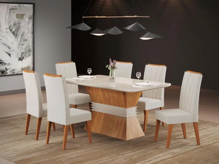Sala Deli.Denali 160x90 Mel.Grafite com 6 Cadeiras Safira Mel.Veludo Grafite Viero — Mel/Off White-Mel - Veludo Marfim