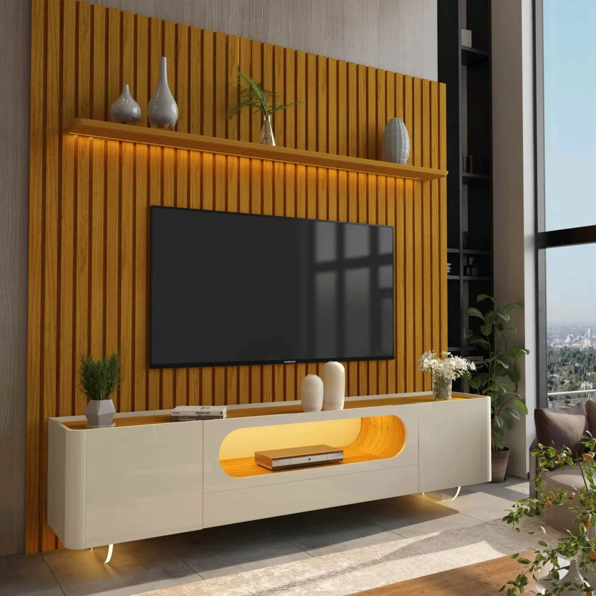 Conjunto Painel Nobre 230 Naturale com Rack Nobre 210 com LED e Pes Vidro Off White.Naturale Gelius — Con Pnl Nobre 230 Ntl + Rk Nobre 210 Off/Ntl