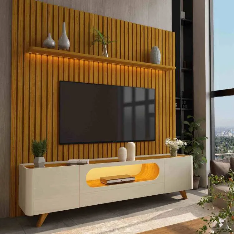 Conjunto Painel Nobre 230 Naturale com Rack Nobre 210 com Led e Pes Madeira Off White.Naturale Gelius — Conj Pnl Nobre 230 Ntl + Rck Nbr 210 Off/Ntl