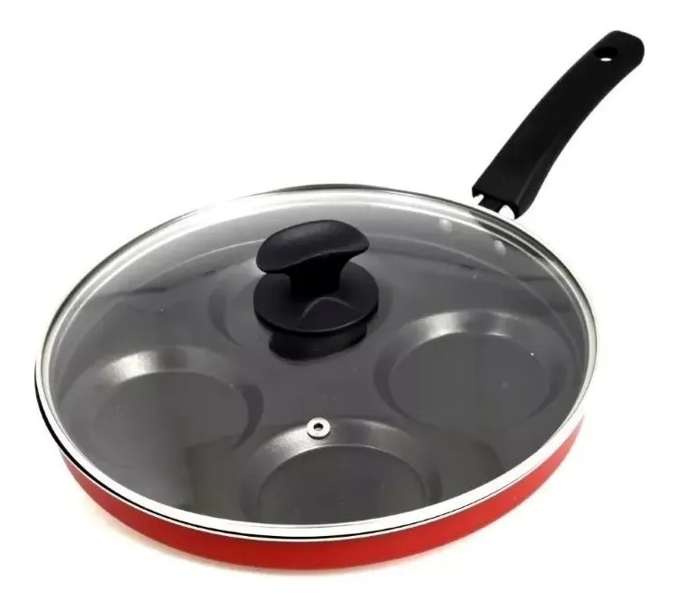 Frigideira Colore 4 Ovos/Hamburquer Antiaderente 26cm com Tampa de Vidro Azul Alegrete — Frigideira Enjoy 4 Ovos - Vermelho