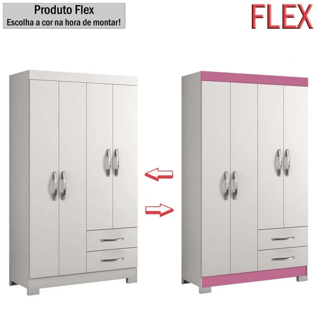 Roupeiro NT 6010 4P2G Branco Branco.Rosa Flex Notavel — Branco - Branco/Rosa Flex