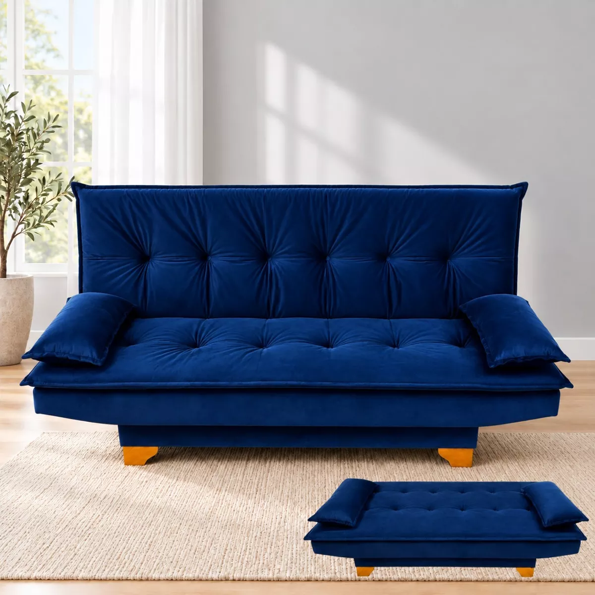 Sofa Cama Veneza Tec 185 Veludo Azul Top Estofados — Tec 185 - Veludo Azul