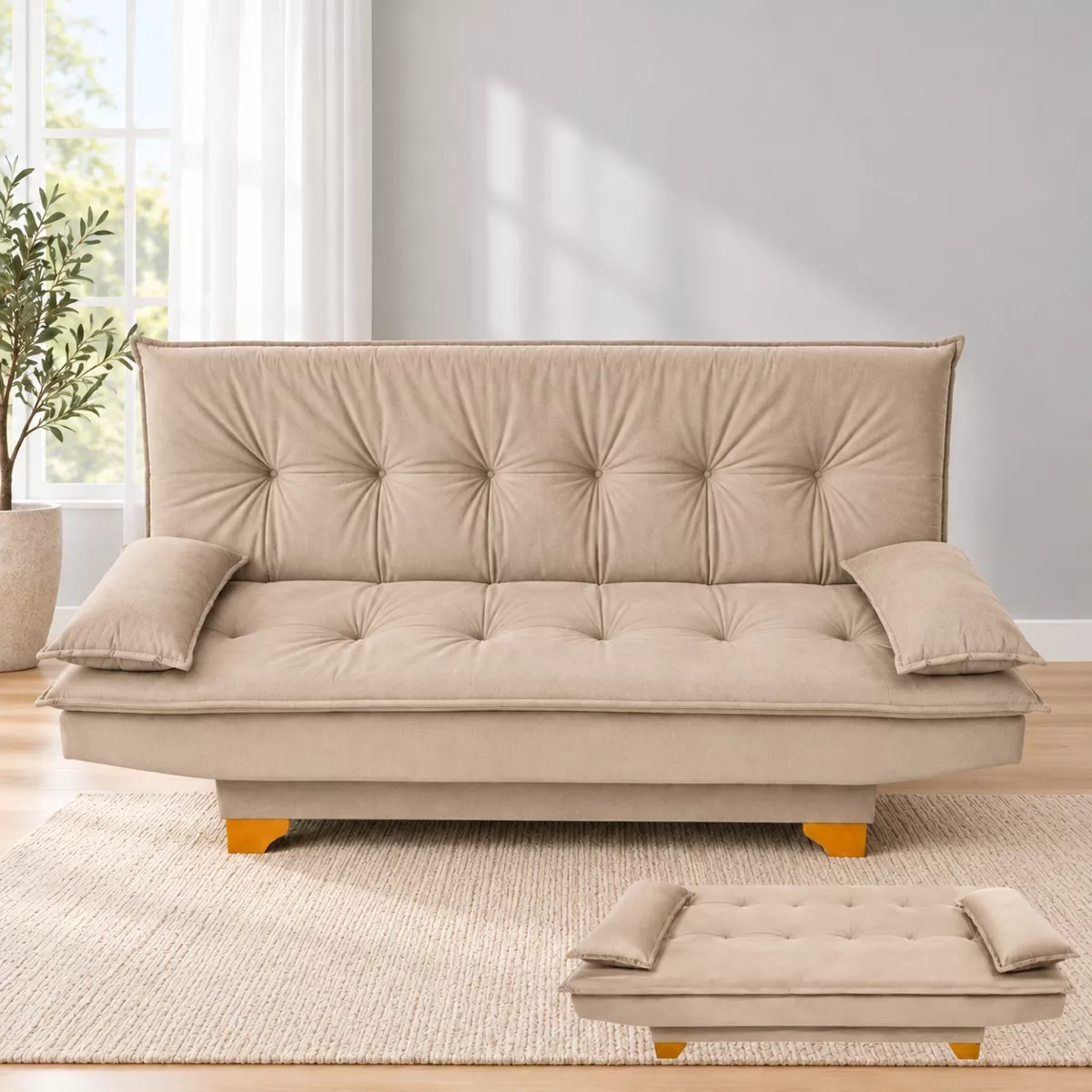 Sofa Cama Veneza Tec 185 Veludo Azul Top Estofados — Tec 194 - Veludo Bege
