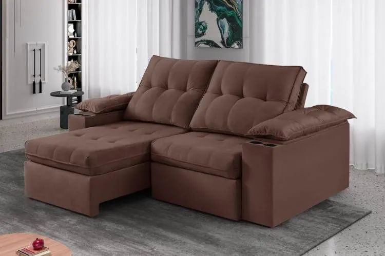 Estofado Retratil Reclinavel Itaborai 250 2x100 Brc 25cm Veludo Inca Marrom 17 Idealle — Veludo Inca - Marrom 17