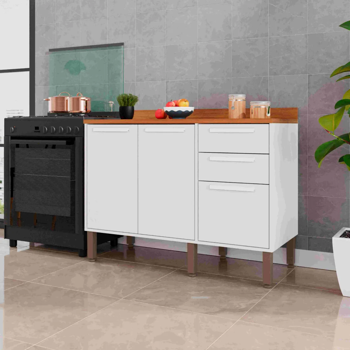 Aereo Basculante Cozinha Florida 120 2P Vidro Fume Cinamomo.Off White Salleto — Balcão 120 3P2G - Branco