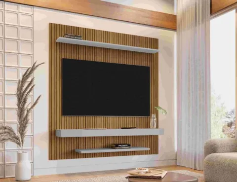 Painel Leme 150 3P Cinamomo Efeito 3D Ripado.Off White Bechara Moveis