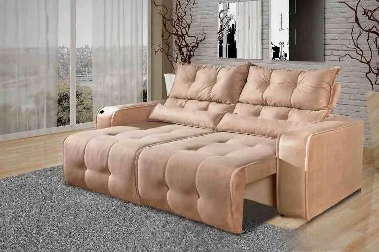 Estofado Retratil Reclinavel Minas 250 2x125 Veludo Suede Cinza 508 Decorar Estofados — Veludo Suede - Bege 512