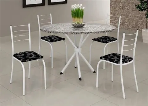 Conjunto Mesa Rio 70 Branco Granito Topazio Redondo e 4 Cadeiras Rio Branco.Liro Preto Teixeira