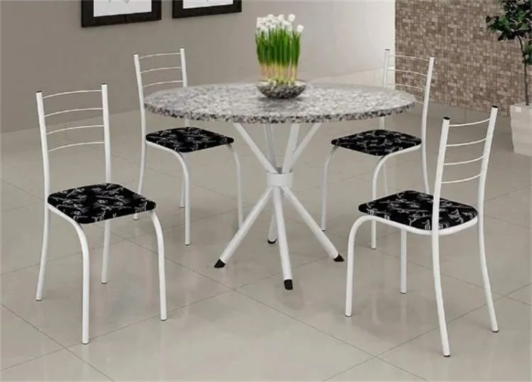 Conjunto Mesa Rio 70 Branco Granito Topazio Redondo e 4 Cadeiras Rio Branco.Liro Preto Teixeira — Conj Rio 70 Tmp Granito Topazio - Branco