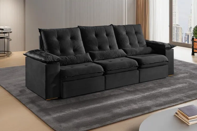 Estofado Retratil Reclinavel Madri.Opel 270 3x75 Pillow 20cm com Rineiras Veludo Suede Preto 401 Kairos Estofados — Veludo Suede Preto 401