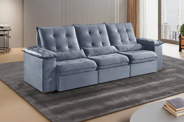 Estofado Retratil Reclinavel Madri.Opel 270 3x75 Pillow 20cm com Rineiras Veludo Suede Preto 401 Kairos Estofados — Veludo Suede Cinza 403