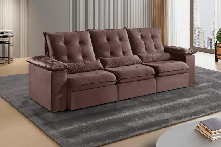 Estofado Retratil Reclinavel Madri.Opel 270 3x75 Pillow 20cm com Rineiras Veludo Suede Preto 401 Kairos Estofados — Veludo Suede Marrom 402