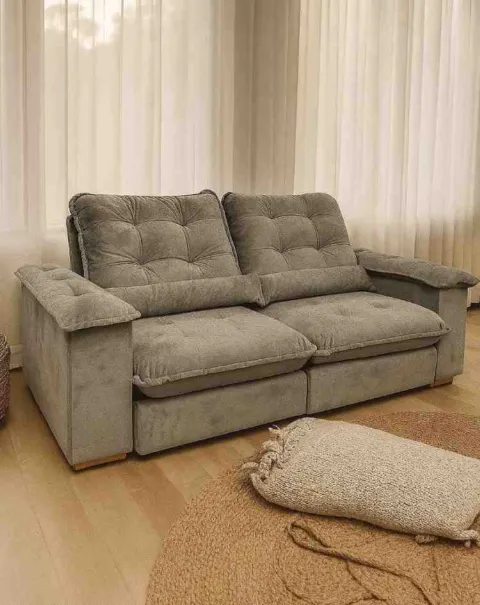 Estofado Retratil Reclinavel Gold 230 2x90 mais Brc 25cm com Pillow Top 25cm Veludo Bege 05 Diviminas