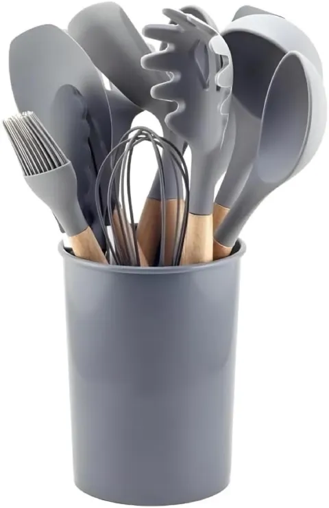 Conjunto de Utensilio de Silicone 12 Pcs com Cabo de Madeira e Balde Cinza Alegrete
