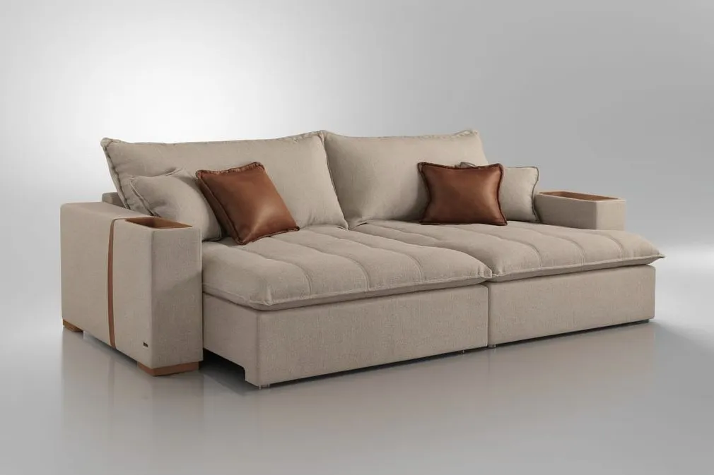 Sofa Cama Retratil Mariah 250 2x100 + Braco 25cm Linho Bege 01 Idealle — Linho Bege 01