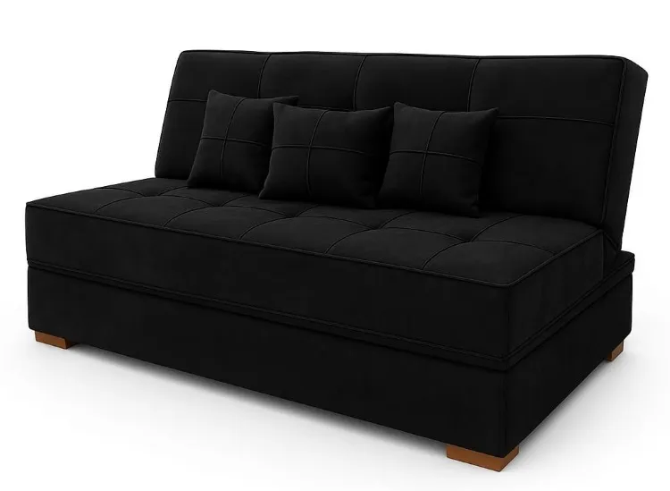 Sofa Cama Italia com Bau Veludo Suede Preto 110B Araujo Estofados — Veludo Suede - Preto 110-B