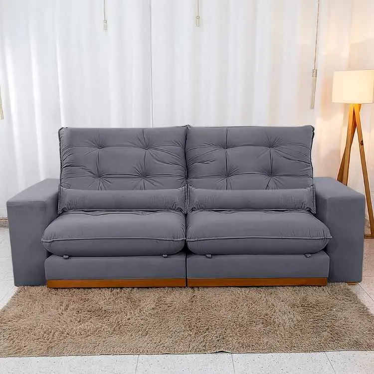 Estofado Retratil Reclinavel Toronto 250 2x100 mais Brc 25cm com Pillow 25cm Veludo Suede Capuccino Bia Estofados — Veludo Suede Cinza